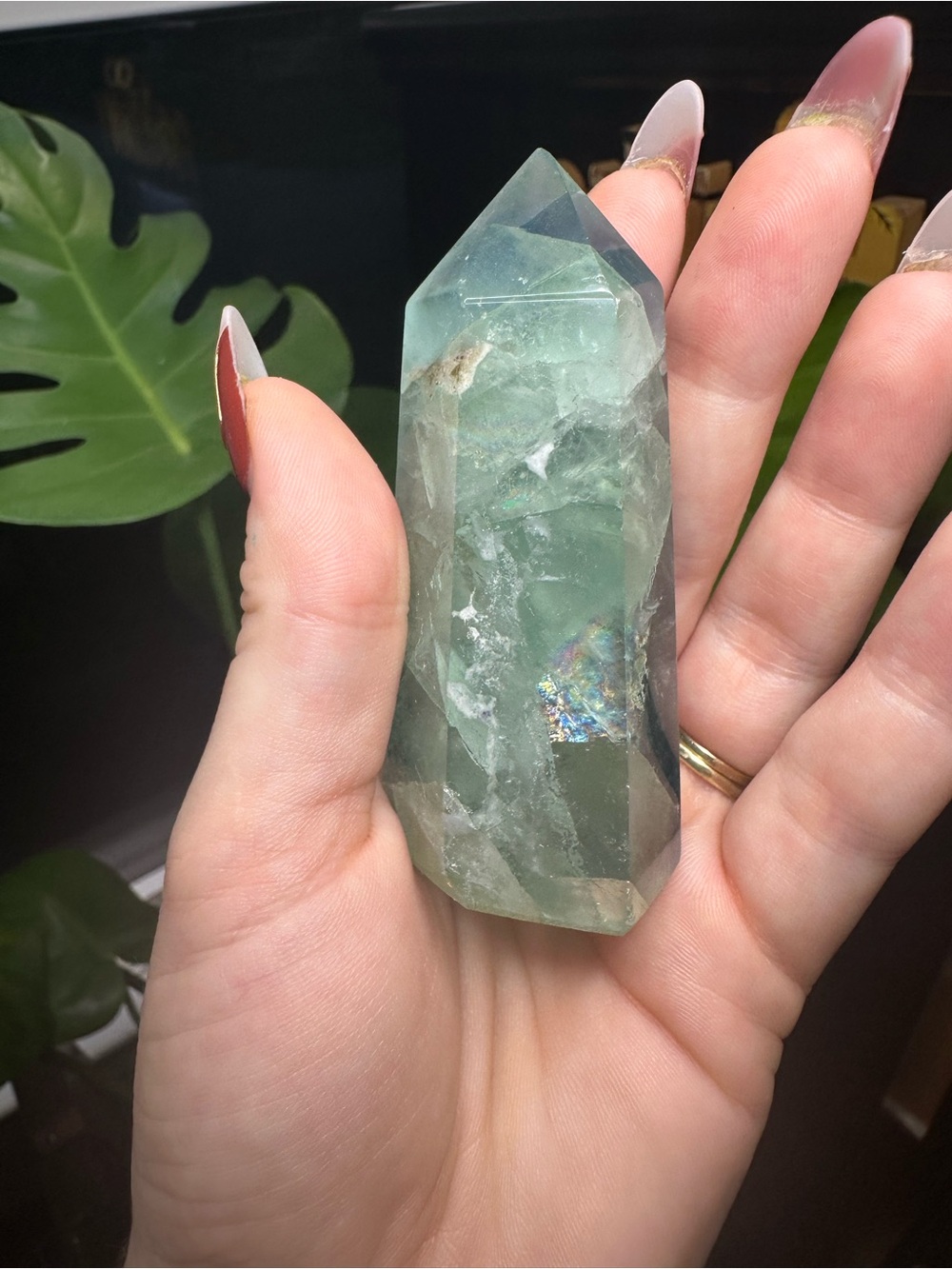 Green Fluorite Crystal Tower with Rainbows